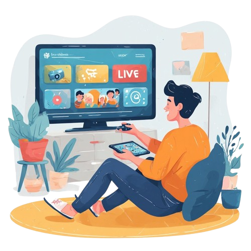 IPTV monthly subscription features showing live TV, movies, series and multi-device support